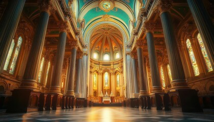 Obraz premium Historic cathedral with vibrant lighting, soft glow, serene architectural setup