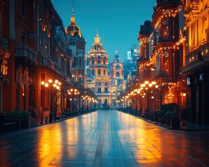 Obraz premium Historical landmark with vibrant architecture, soft lighting, serene atmosphere