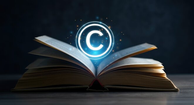 Open book with glowing copyright symbol above, signifying intellectual property rights