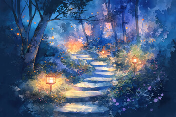 Fototapeta premium A Vibrant Watercolor of a Lantern-Lit Garden Path Illuminated by Warm Light