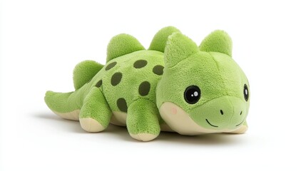 Soft and cuddly dinosaur plush, green with spots, designed to be safe for children, isolated on a bright white background, cute and inviting