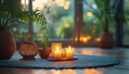 Meditation practice with vibrant lighting, peaceful setup, soft glow