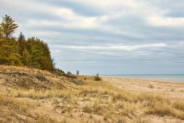 Obraz premium Moody Winter landscape of the Lake Michigan shoreline along the Point Beach State Forest on a cloudy day near Two Rivers, Wisconsin.