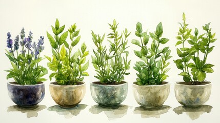 Obraz premium Watercolor Illustration of Green Plants in Decorative Bowls