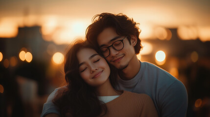 Couple embracing at sunset, sharing joyful moment together, with warm bokeh lights in background creating romantic atmosphere. Their smiles reflect happiness and love.