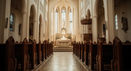 Fototapeta premium Beautiful Gothic cathedral interior with wooden pews, arches, and stained glass windows