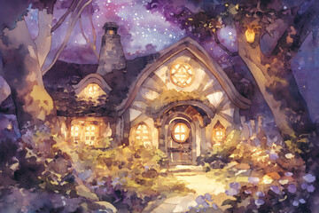 Obraz premium A Calm Watercolor of a Secluded Cabin in the Woods Surrounded by Quiet Peace
