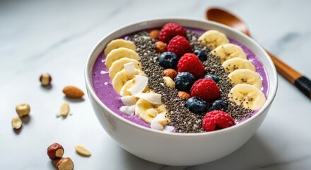 Nutritious smoothie bowl topped with fruits, seeds, and nuts