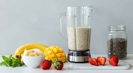 Fresh fruit smoothie ingredients with blender and glass jar on white surface