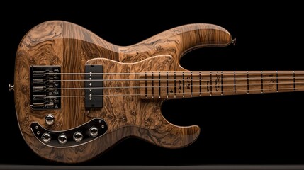 Fototapeta premium High-end wooden electric bass guitar, isolated on black background.