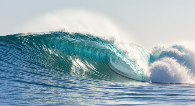 Large ocean wave cresting with white foam under clear sky