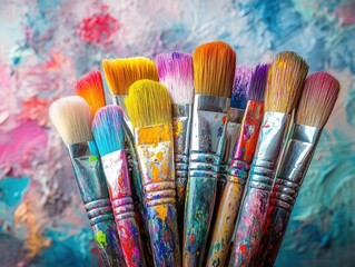 Fototapeta premium Paintbrush set with vibrant bristles, soft lighting, cozy art studio