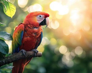Fototapeta premium Parrot on branch with vibrant feathers, soft lighting, serene outdoor scene