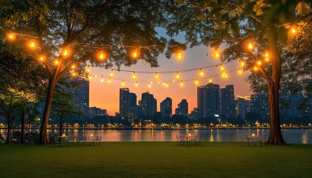 Park with city view with vibrant lighting, serene outdoor setup, soft glow