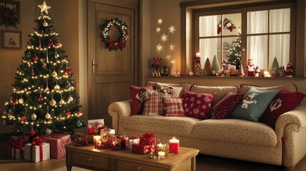 Obraz premium Cozy Christmas Living Room with Decorated Tree and Presents