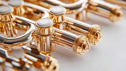 Gold trumpet, detailed valves and tubing, isolated white scene
