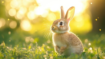 Fototapeta premium Rabbit hopping in field with vibrant lighting, cozy outdoor setup, soft glow
