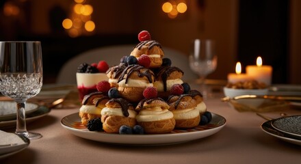 Naklejka premium Cream puffs stacked on plate, adorned with assorted berries and drizzled chocolate syrup