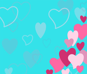Template with pink hearts of different sizes on a turquoise background. Copy space. Vector illustration for poster, card, background. Valentine's Day.