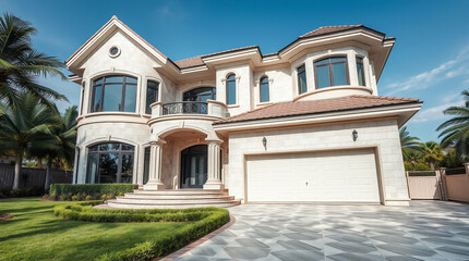 Two-Story Beige House with Attached Garage and Landscaping