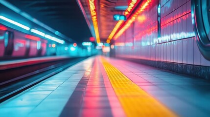 Fototapeta premium Subway station with vibrant lighting, sleek design, dynamic energy