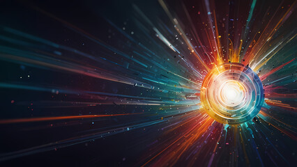 A dynamic abstract composition mimicking the burst of a camera bulb, showcasing spiraling light trails, shimmering particles, and a fusion of bright whites and pastel colors, creating a radiant and mo