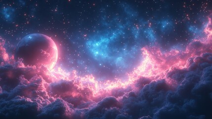 Obraz premium Pink and blue nebula cloudscape with crescent moon and stars.