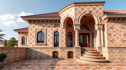 Fototapeta premium Mediterranean-Style House Exterior with Arched Entryway and Terracotta Facade