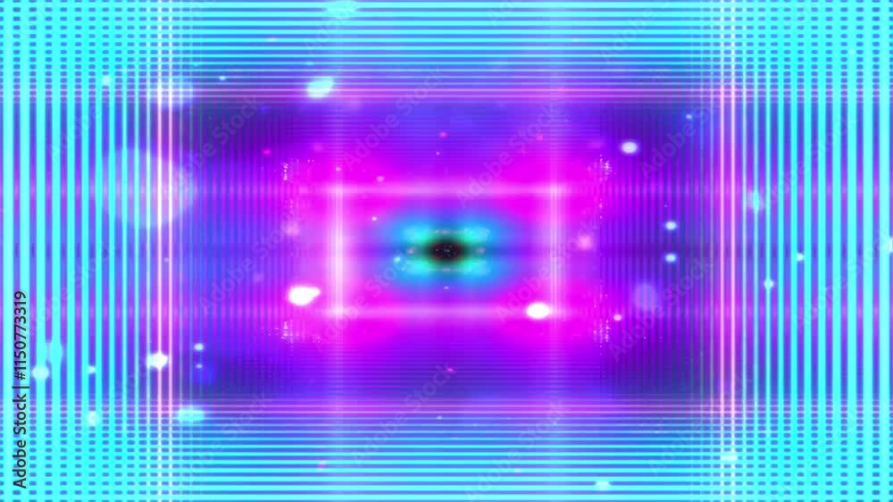 Poster geometric neon design with glowing blue and pink frame, abstract gradient background, and bokeh high