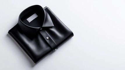 Naklejka premium Folded black collared shirt, neatly placed on white background, top-down perspective, sharp details with realistic fabric texture, for fashion mock-up