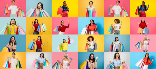 This vibrant collage showcases a diverse group of shoppers joyfully holding colorful shopping bags. Each person displays excitement associated with consumer activities during a sale event.