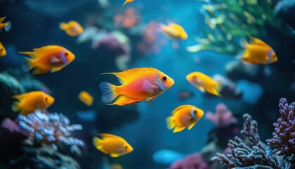 Obraz premium Tropical fish in tank with vibrant lighting, sleek design, peaceful aquarium