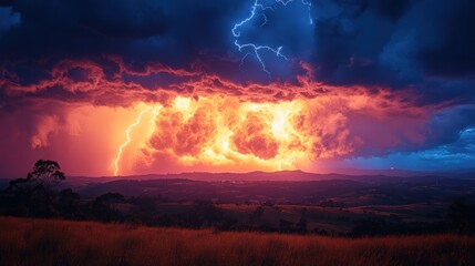 Dramatic lightning storm illuminating the sky over a landscape at dusk.