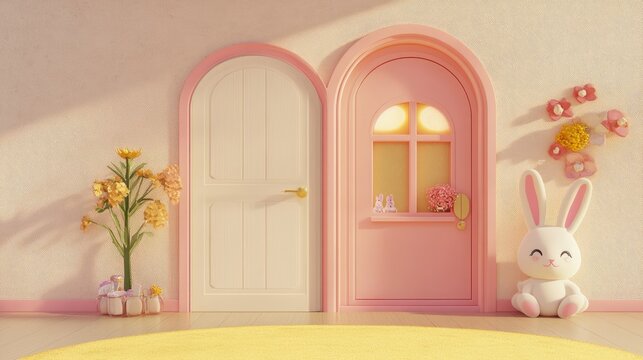 Pastel Doorway with Bunny and Flowers