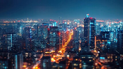 Urban skyline at night with vibrant lights, sleek city setup, dynamic energy