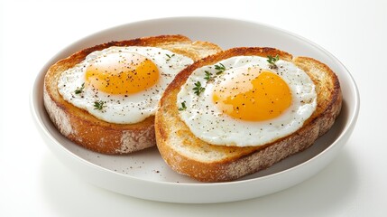 Hearty breakfast of fried eggs with a glossy finish, placed on crispy sourdough toast, garnished with fresh oregano and cracked pepper