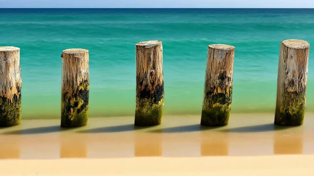Weathered wooden posts create a stunning coastal view along the sandy beach at sunset
