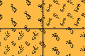 doodle carrot vegetable pieces seamless pattern on yellow background for print on packaging, merchandise.  carrot slices line art pattern background. pattern of carrot organic food engraved background