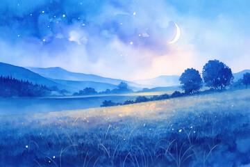 Fototapeta premium A Tranquil Watercolor of a Glowing Meadow Surrounded by Peaceful Greenery