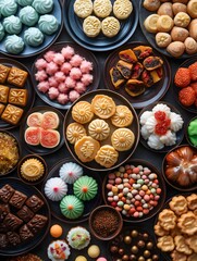 Aromatic Thai Dessert Platter: A vibrant overhead shot showcases an array of colorful and intricately designed Thai desserts, arranged on dark plates against a dark background.