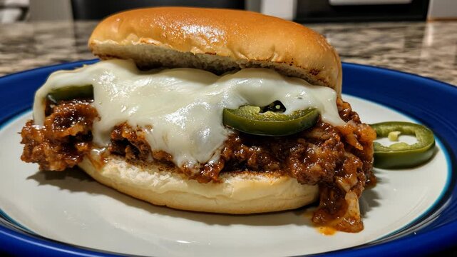 Delicious homemade sloppy joe sandwich topped with melted cheese and sliced jalapenos on a bun