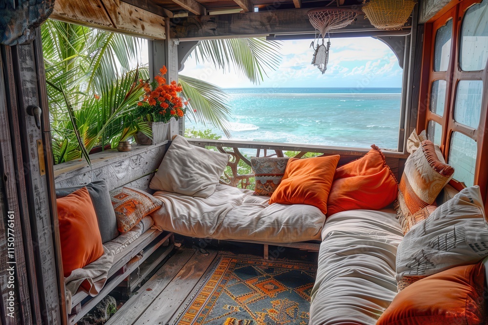 Poster cozy reading nook with ocean view during sunset, showcasing a bookshelf filled with books and warm s