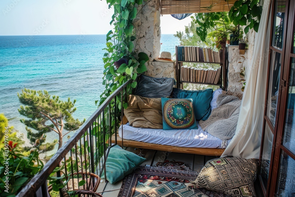 Poster cozy reading nook with ocean view during sunset, showcasing a bookshelf filled with books and warm s