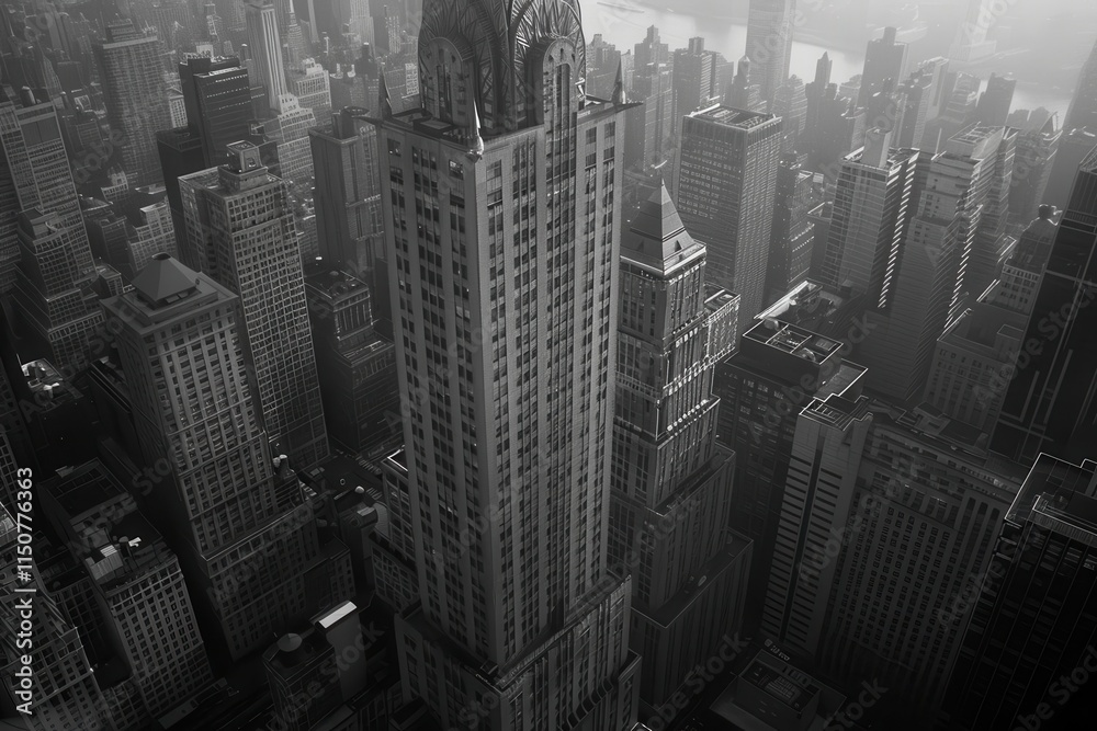 Fototapete Stunning aerial view of skyscrapers showcasing the iconic architecture of a bustling city during a misty morning