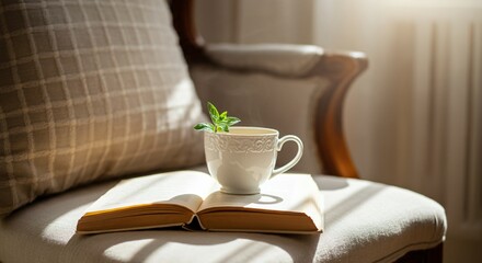 A cup of steaming herbal tea placed next to an open book on a cozy armchair