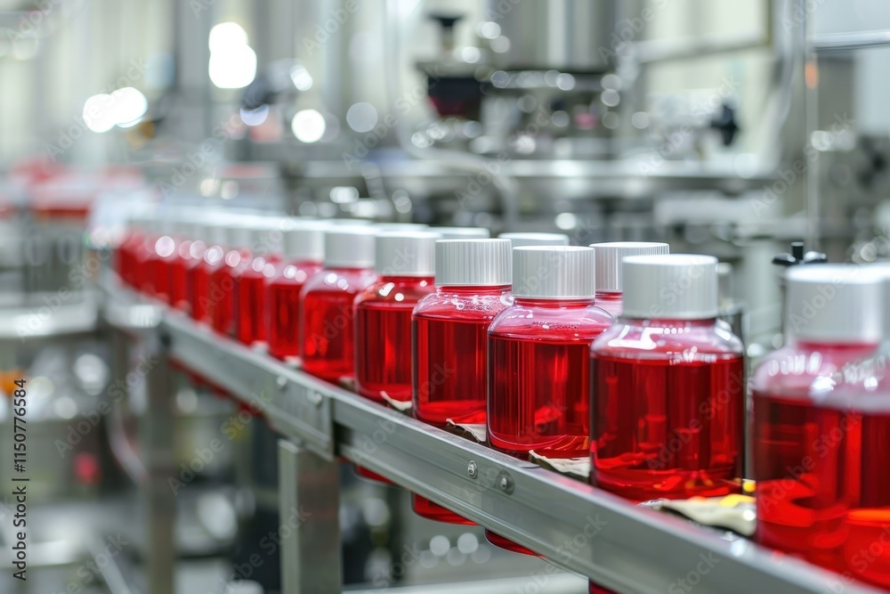 Poster bottling process of vibrant red liquid in a modern manufacturing facility during daytime with assemb