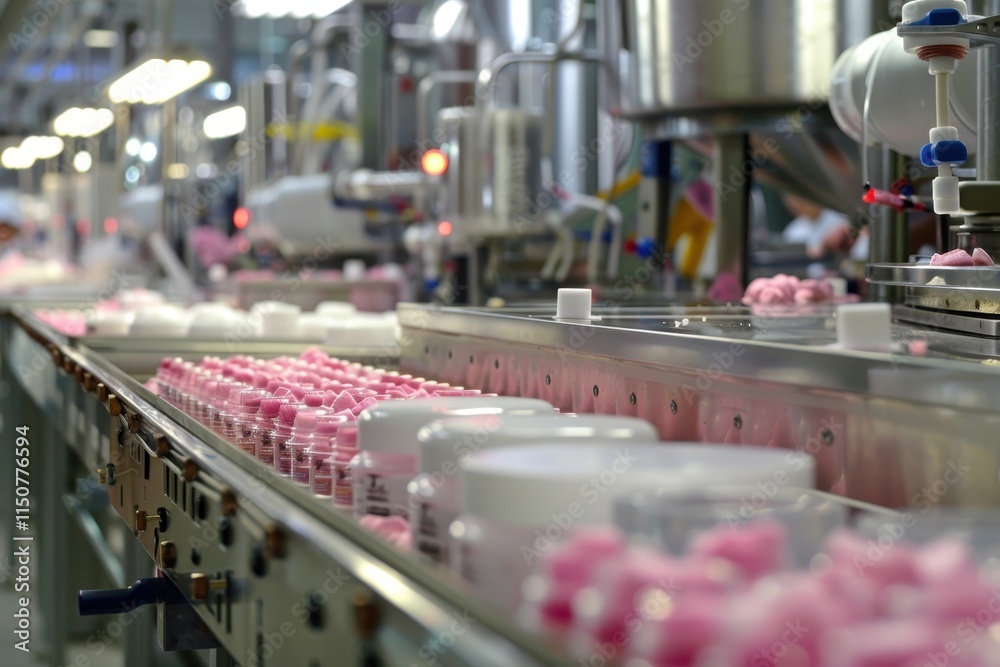 Poster bottling process of vibrant red liquid in a modern manufacturing facility during daytime with assemb