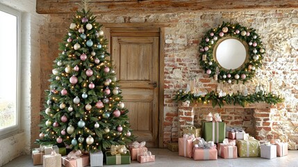 Pastel Christmas Tree and Decor in Rustic Stone Room