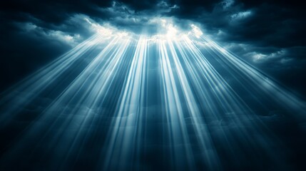 Heavenly light beams, descending through storm clouds, dramatic scene