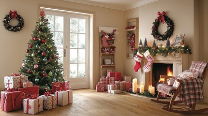 Cozy Christmas Living Room with Decorated Tree and Fireplace